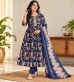 Navy blue floral printed Anarkali kurta set - Image 2