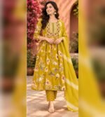 Mustard yellow floral printed Anarkali kurta set - Image 2