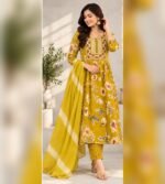 Mustard yellow floral printed Anarkali kurta set - Image 3