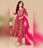 Rani pink magenta floral printed Anarkali kurta set - Image 5