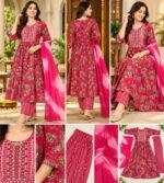 Rani pink magenta floral printed Anarkali kurta set - Image 2