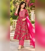 Rani pink magenta floral printed Anarkali kurta set - Image 4