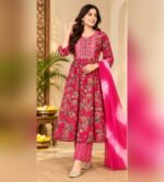 Rani pink magenta floral printed Anarkali kurta set - Image 3