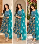 Teal/blue floral printed Anarkali style kurta set - Image 2