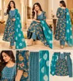 Teal/blue floral printed Anarkali style kurta set - Image 3