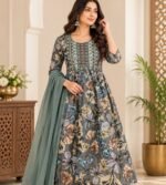 Grey floral printed Anarkali- style kurta set - Image 2