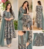 Grey floral printed Anarkali- style kurta set - Image 4