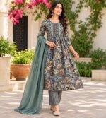 Grey floral printed Anarkali- style kurta set - Image 3