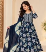 Navy blue floral printed Anarkali kurta set - Image 2