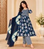 Navy blue floral printed Anarkali kurta set - Image 3