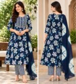 Navy blue floral printed Anarkali kurta set - Image 4