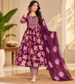 Wine colored (purple) floral printed Anarkali kurta - Image 2