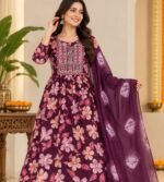 Wine colored (purple) floral printed Anarkali kurta - Image 3